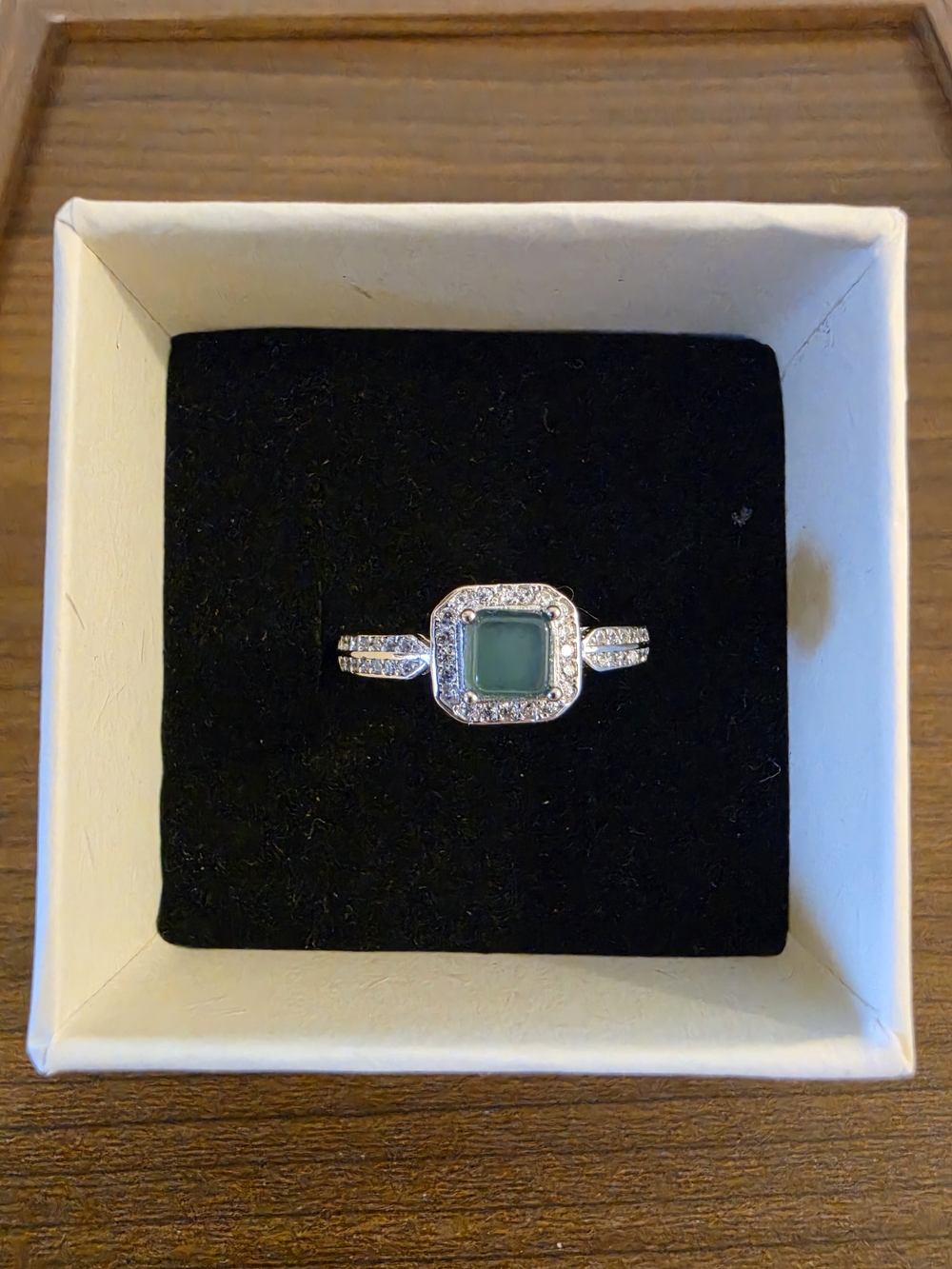 Sterling Silver Jade Square Halo Ring with Pavé Accents
